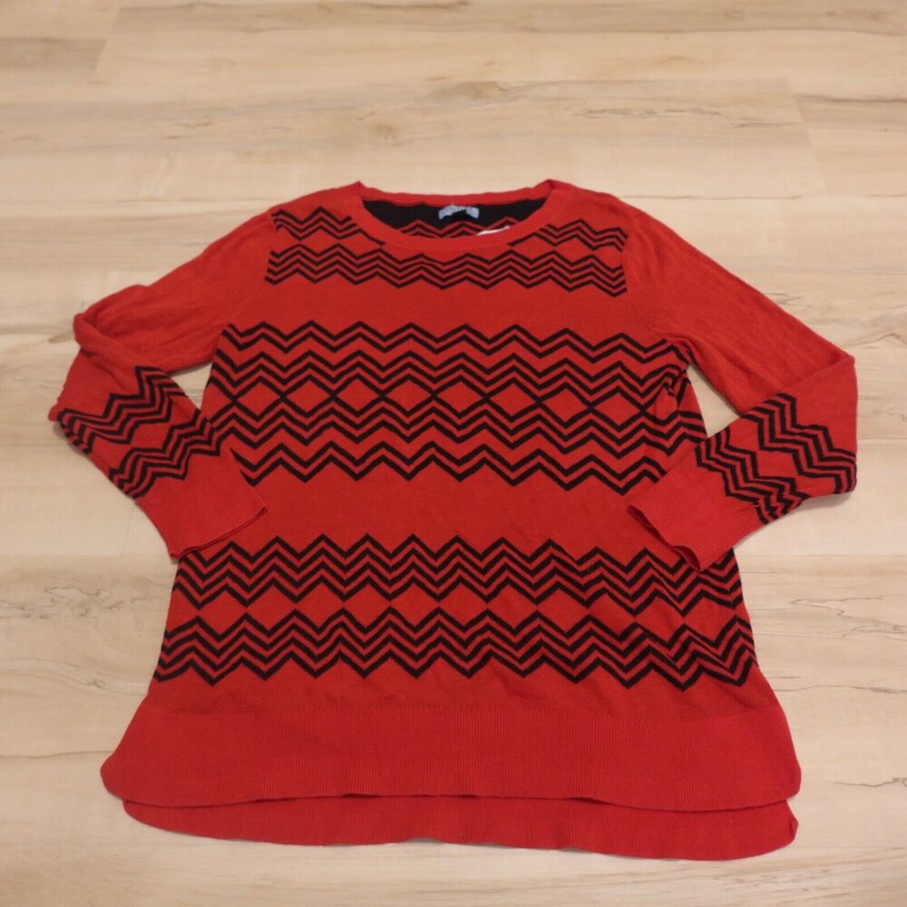 Cynthia Rowley Women Large Sweater Cotton Long Sleeve Crew Neck Red Black Design